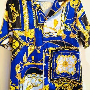 Men's Blue and Gold Patterned Shirt & shorts matching set - Satin look - Size L